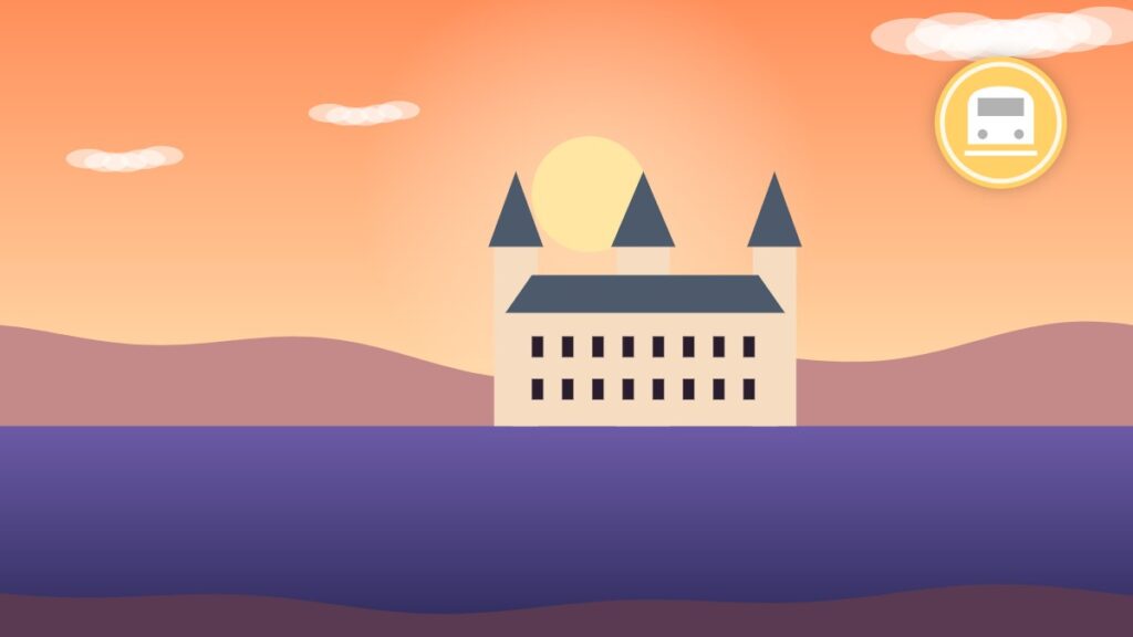 Illustration of a French château by a river in the countryside