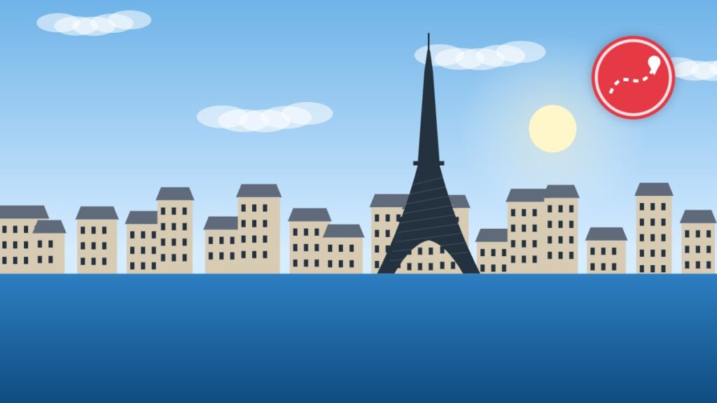 Illustration of Paris rooftops and the Eiffel Tower above the Seine