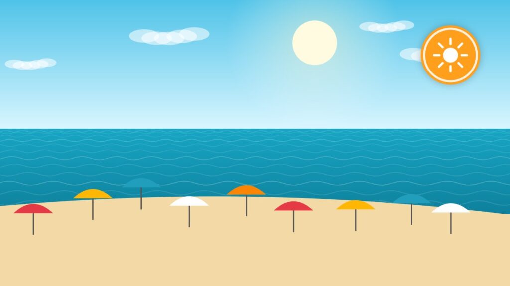Illustration of a Riviera beach with colorful parasols by the sea