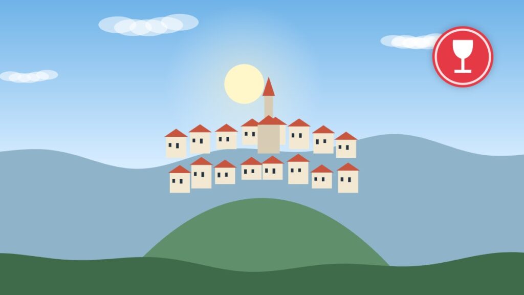 Illustration of an Alsace village with a church steeple among vineyards