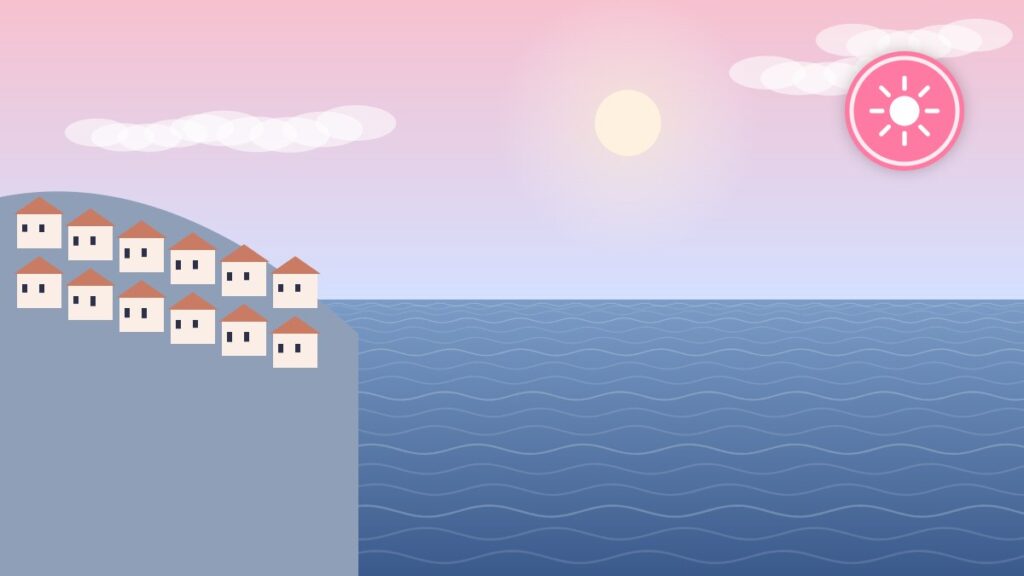 Illustration of a Caribbean cove with a hillside village and calm sea