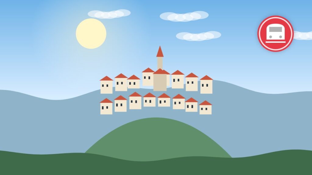 Illustration of a medieval hilltop village in the countryside near Lyon