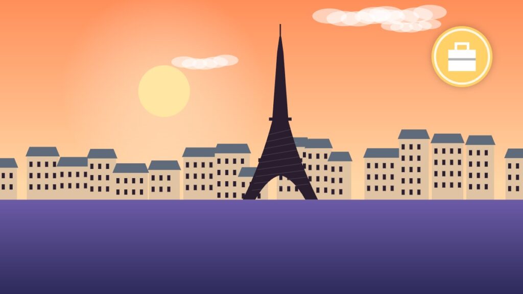 Illustration of Paris rooftops and the Eiffel Tower above the Seine