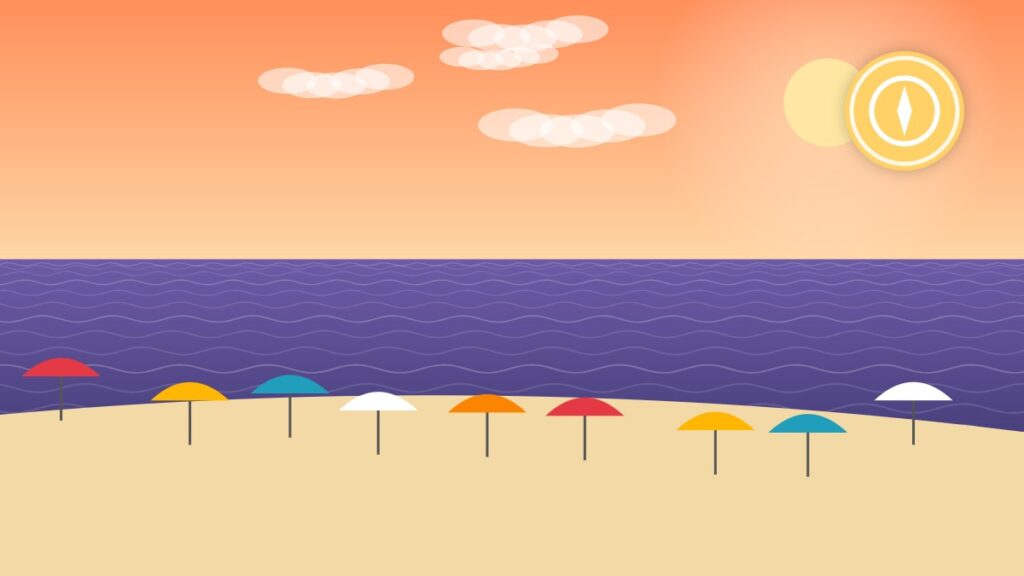 Illustration of a tropical lagoon beach with parasols at sunset