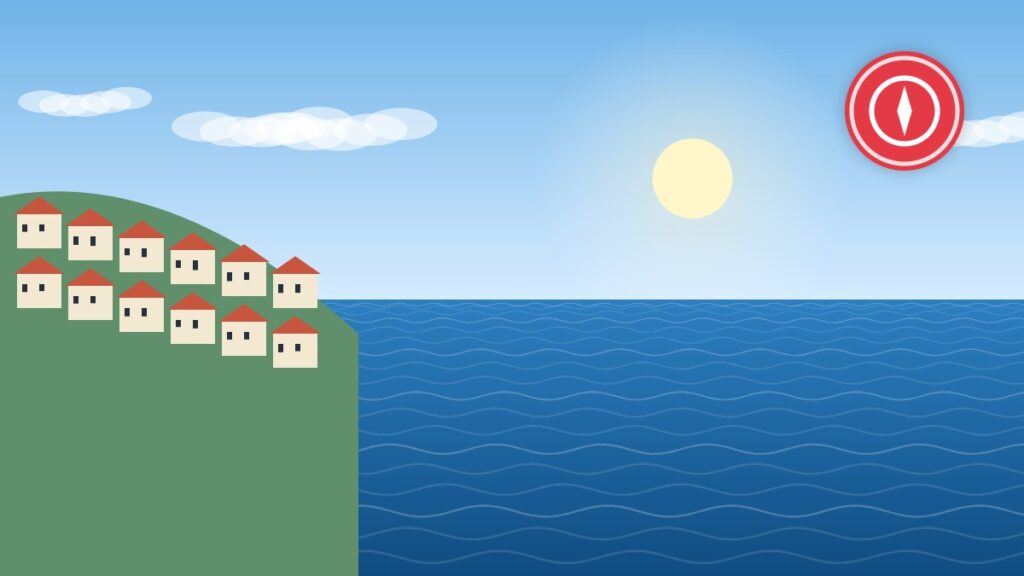Illustration of a Mediterranean harbor town and sea like Cassis