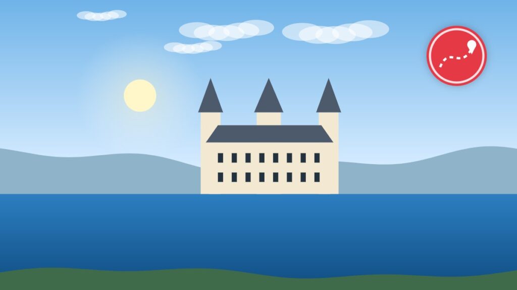 Illustration of a castle above a river valley in the Dordogne