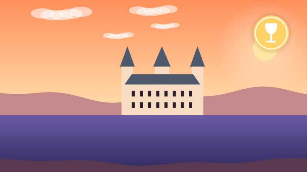 Illustration of a French château by a river in autumn light