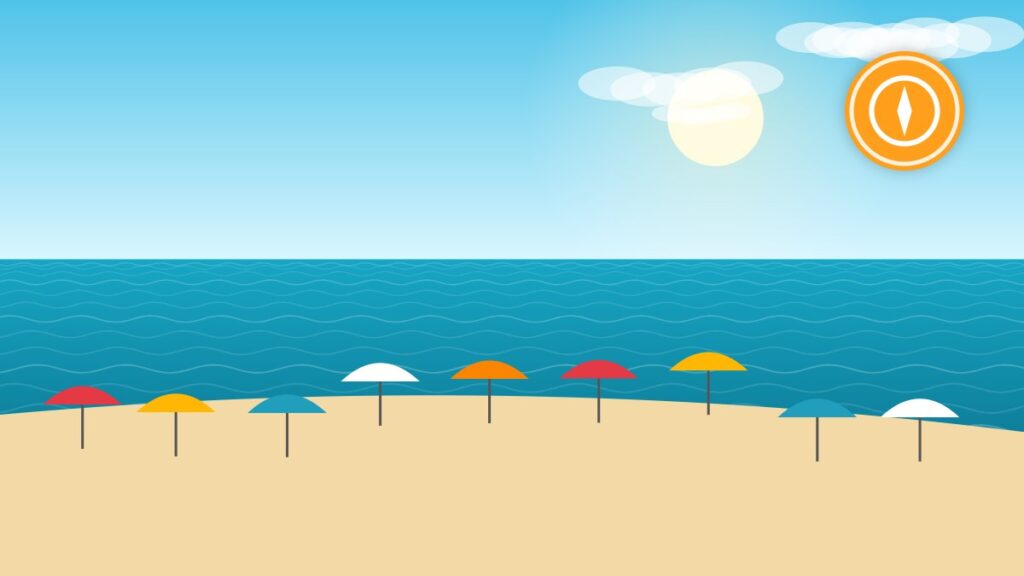 Illustration of a beach on the Basque coast with colorful parasols