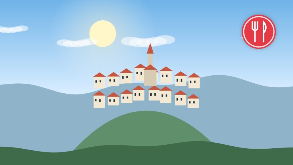Illustration of a French hill village with a church, home of a regional cheese