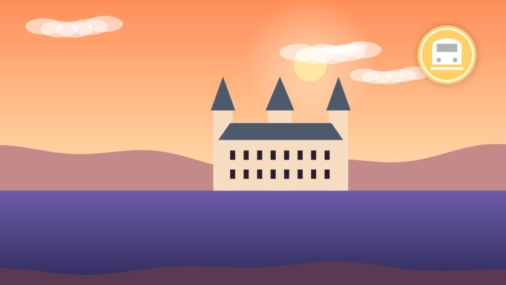 Illustration of an abbey-topped island above tidal water at sunset