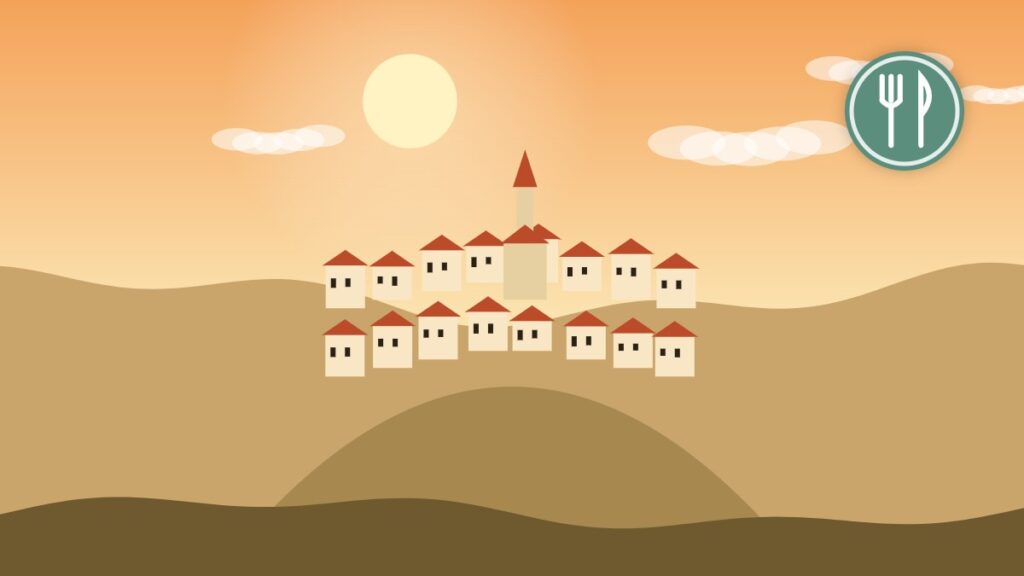 Illustration of a French village square where locals stop for coffee