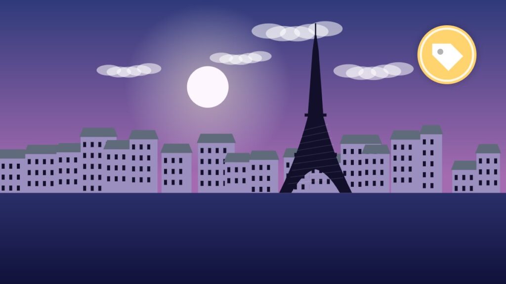Illustration of the Eiffel Tower and Paris rooftops at dusk