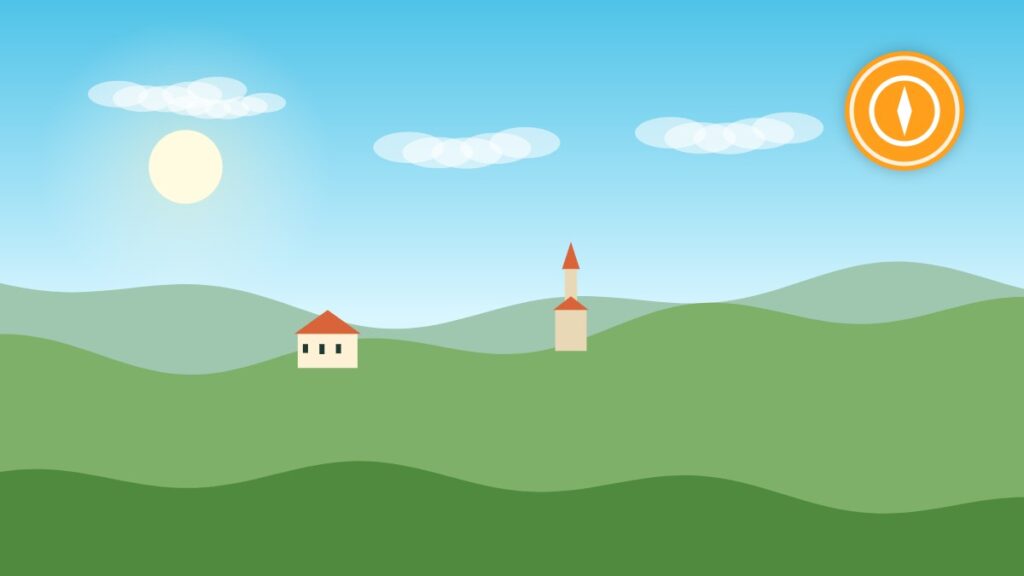 Illustration of green tropical hills and a village church in the French Caribbean