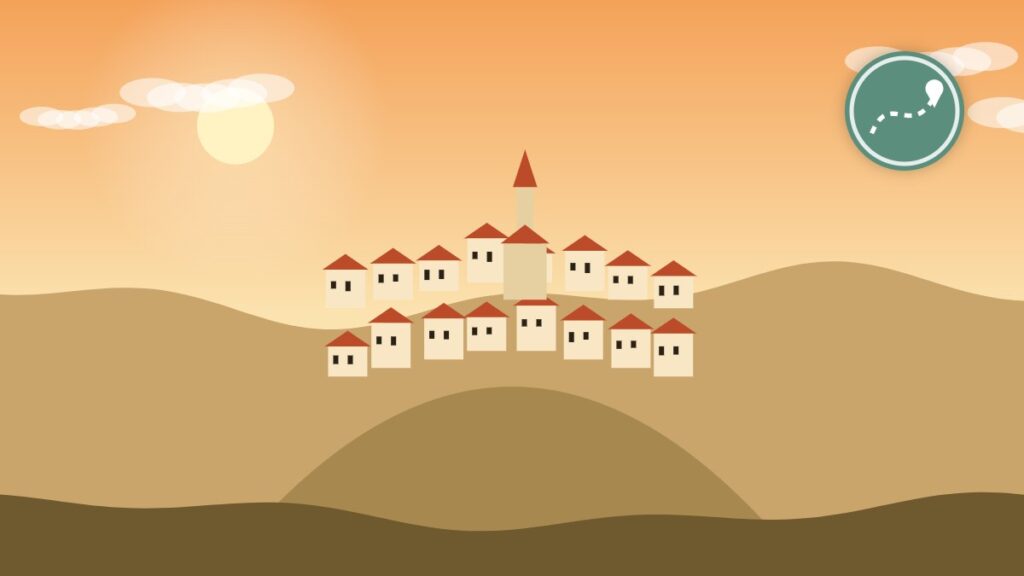 Illustration of a Provençal hilltop village with a church tower
