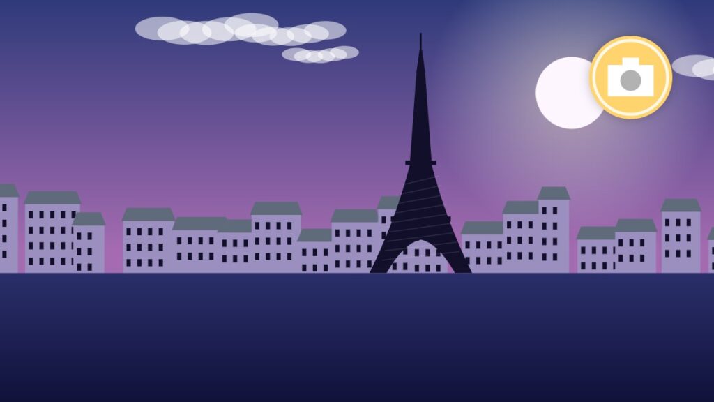 Illustration of Paris rooftops and the Eiffel Tower on a winter evening