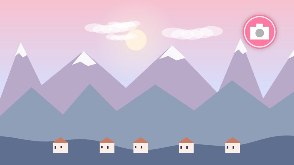 Illustration of an Alpine lake town with mountains behind