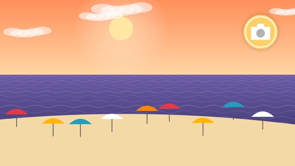 Illustration of a Riviera beach with parasols, as in Juan-les-Pins
