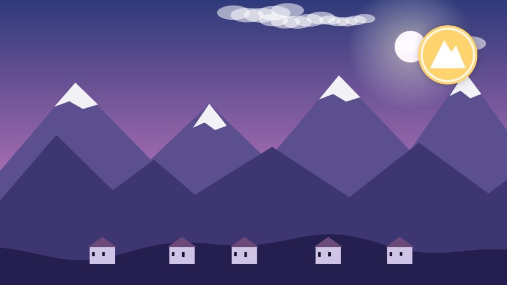 Illustration of snow-capped peaks above an Alpine valley at dusk