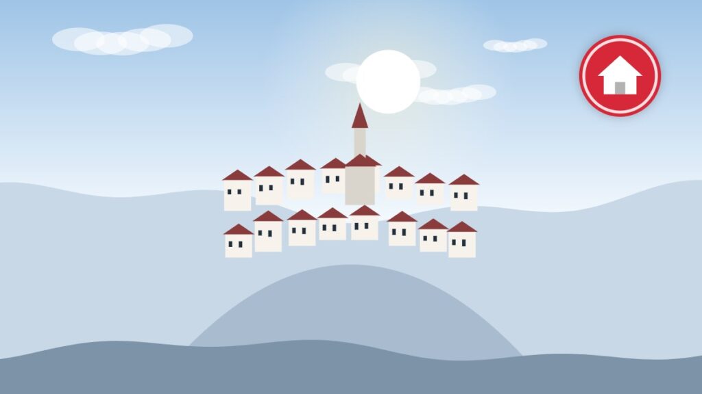 Illustration of an Alsace village with colorful houses and a church in winter light