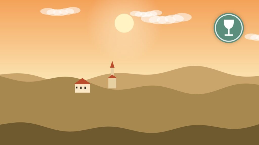 Illustration of vineyard slopes and a village church in the Champagne countryside